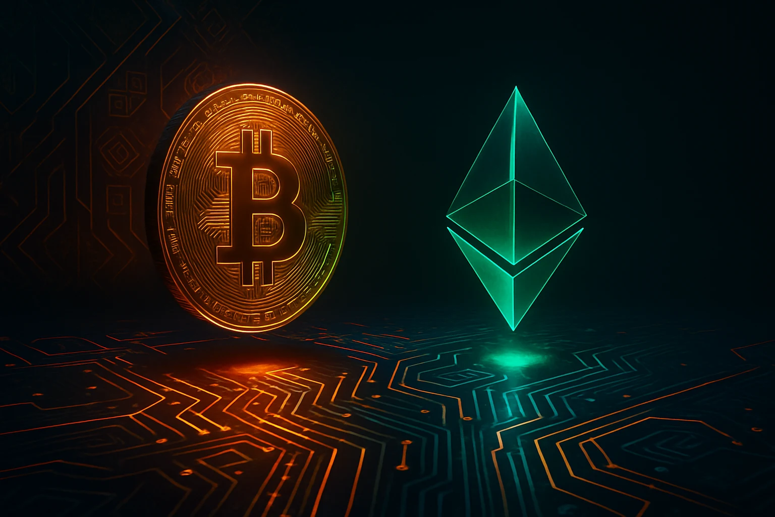 Futuristic crypto casino atmosphere with glowing 3D Bitcoin coin, circuit board patterns and neon orange and green lights